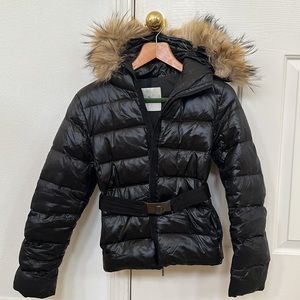 Moncler puffer jacket with fur hood and belt
